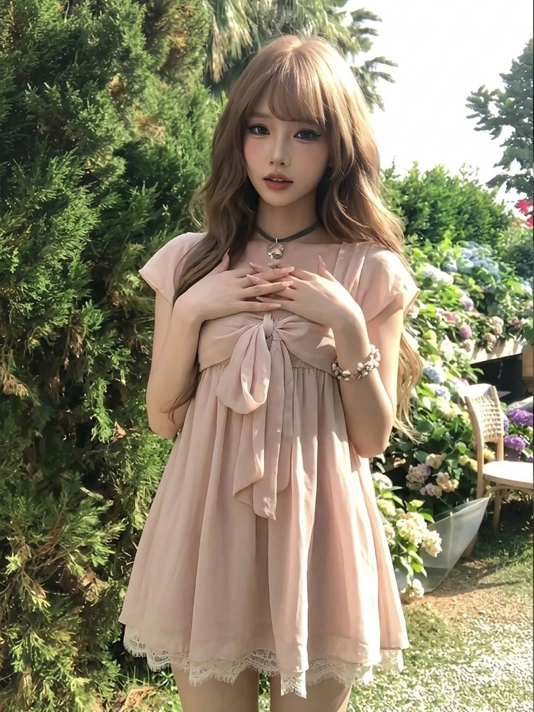 Elegante Mini Abito Lolita Dolce in Chiffon Rosa con Pizzo e Fiocco Frontale, Maniche a Sbuffo, Vestibilità Slim, Vita Alta, per Uso Quotidiano e Feste - Image 2