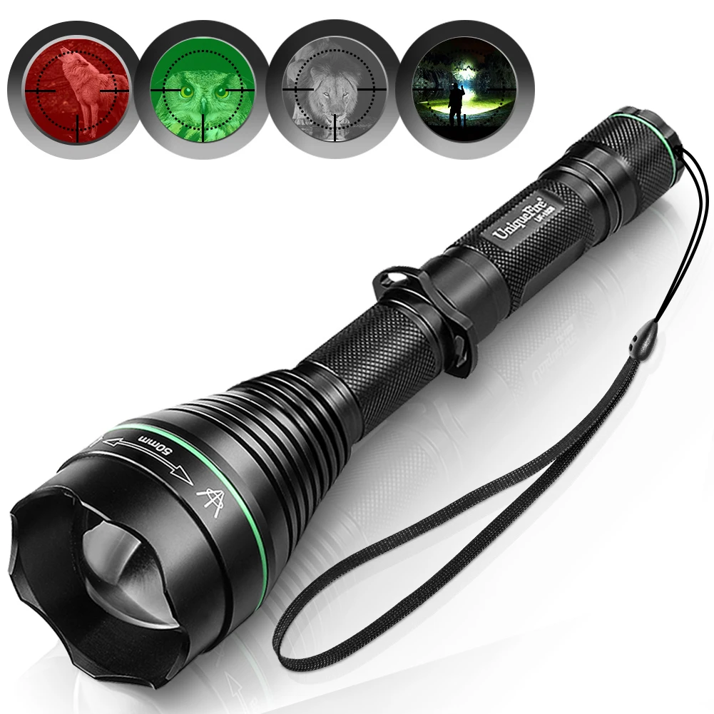 

UniqueFire 1508 XRE LED Flashlight White Green Red Light 50mm Convex Lens Zoom Focus Lanterna Portable 3 Modes Torch For Hunting