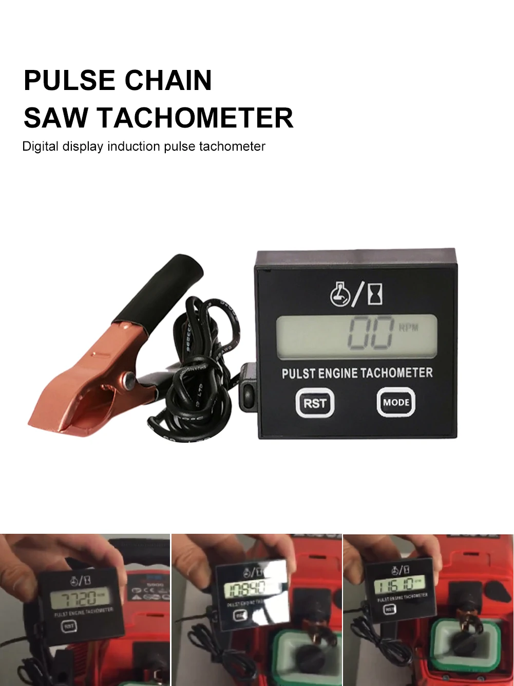 

Digital Gasoline Engine Tachometer Resettable Inductive Contact Tachometer Battery Operated for Chain Saw Engine Lawnmower