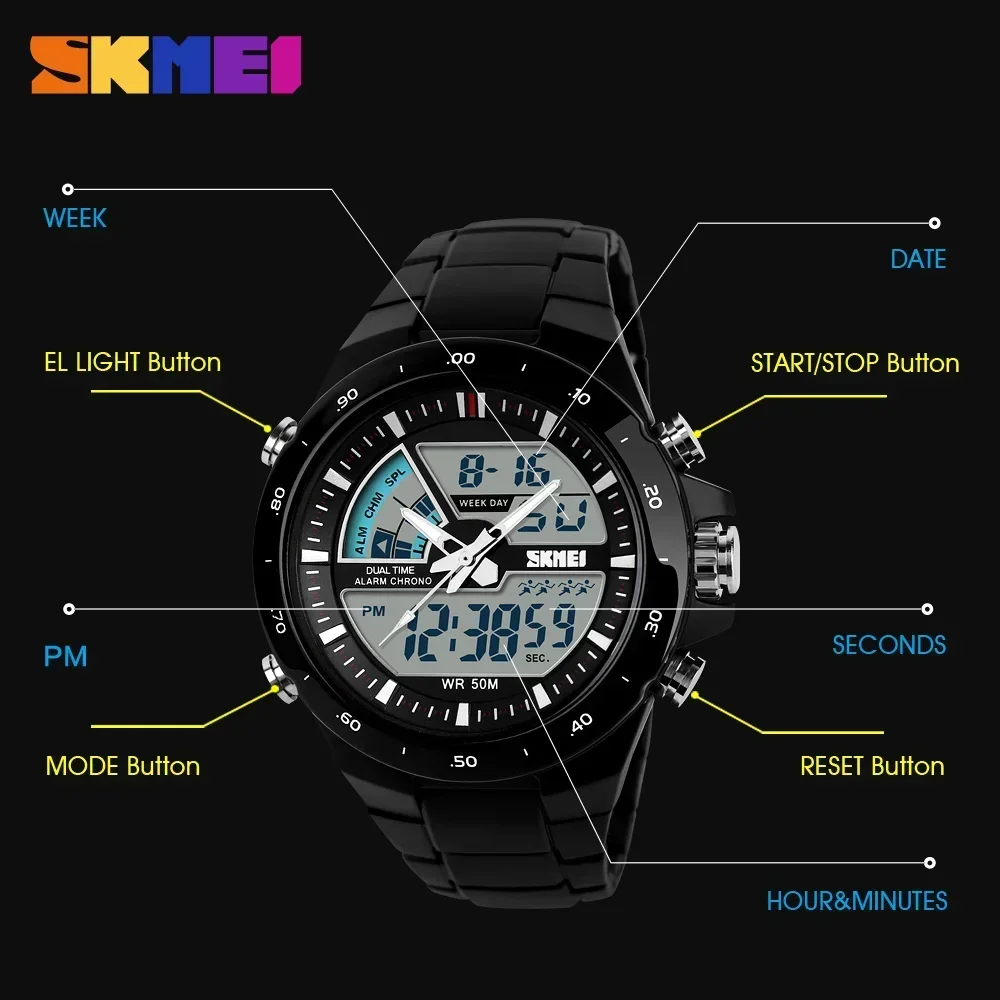 SKMEI 1016 Digital Quartz Watch for Men Stopwatch Dual Time Display Waterproof Sports Wristwatches Mens Clock Relogio Masculino
