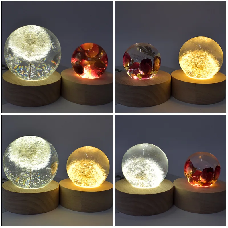 Round Wooden LED Light Lighted Base Epoxy Resin Mold Silicone 3D Ball Shape Crystal DIY Crafts Home Resin Art Ornament