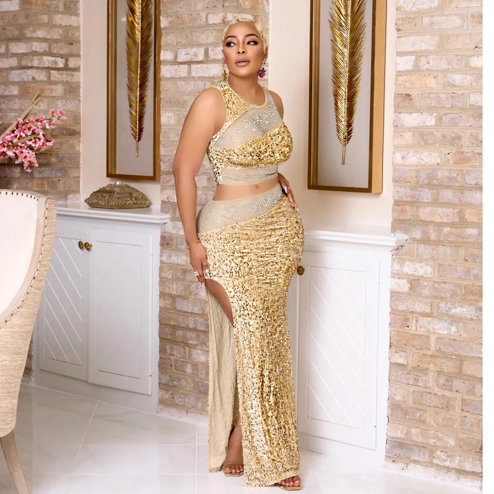 

2024 Women New Short Tank Tops and Long Slit Skirts Glitter Sequins Night Club Outfits Sets Summer Sexy Two Piece Rhinestone Set