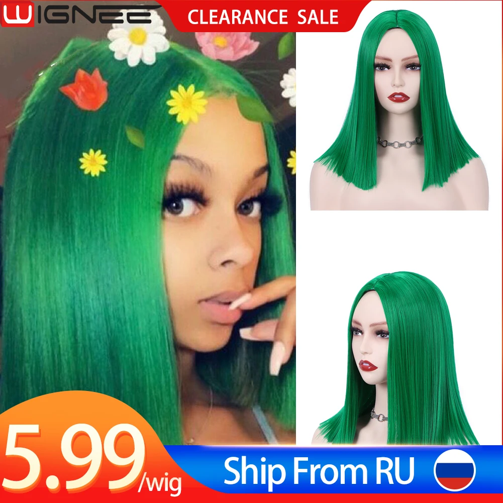 Wignee Straight Wig Synthetic Middle Part Green Wig Cosplay Short Hair Bob Wig Synthetic Hair Heat Resistance Wigs For Women