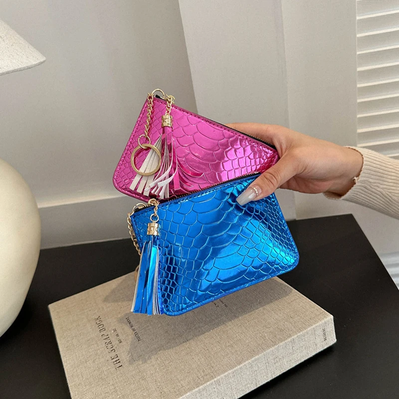 1PC Crocodile Print Laser Color PU Leather Tassel Retro Women's Wallet Card Holder Female Purses Lady Handbag