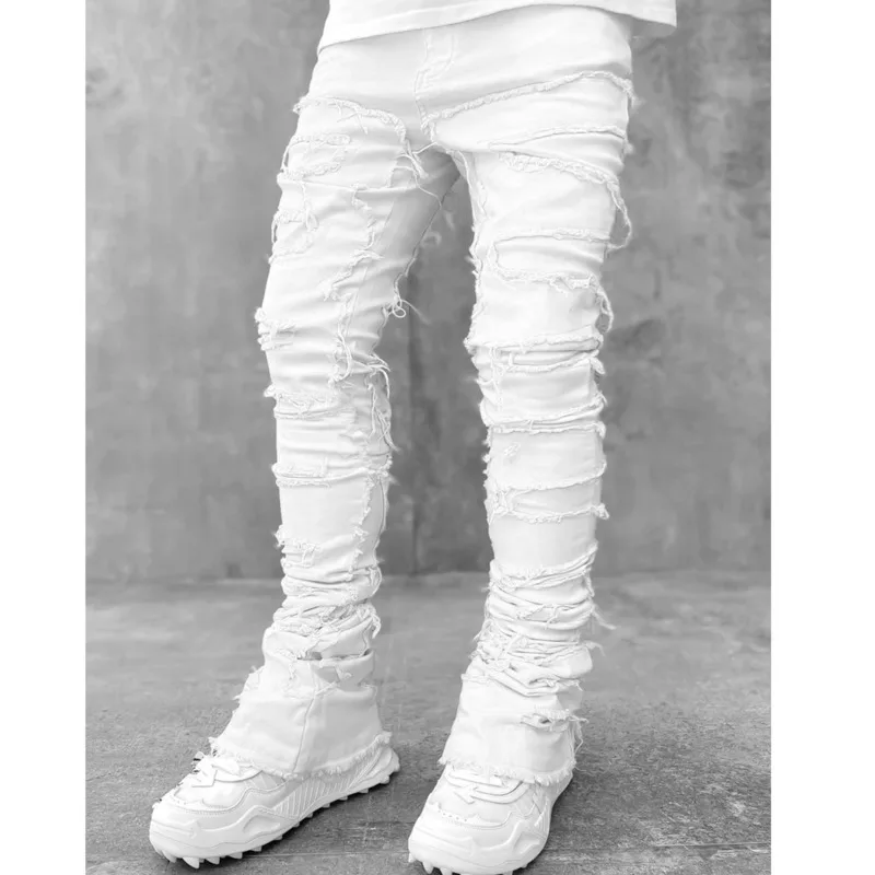 High Street Stretch Patchwork Jeans Y2k Tassel Straight Denim Trousers Hip Hop Retro Jeans Casual Pencil Pants For Men