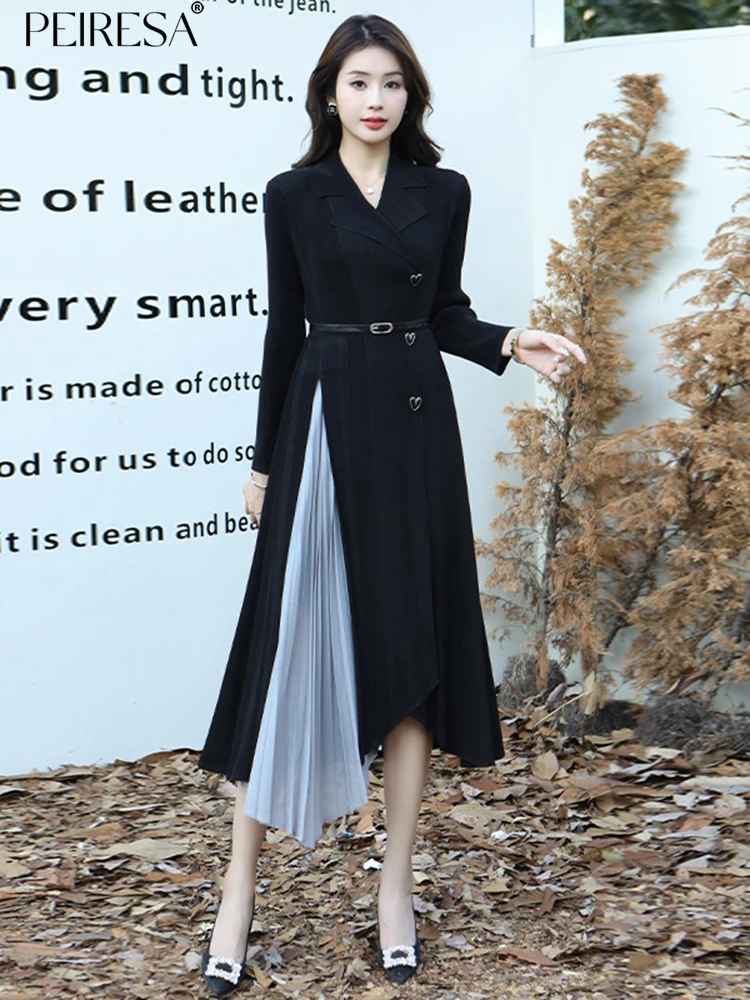

PEIRESA French Elegant Irregular Pleated Dresses Women Lapel Long Sleeve Spliced With Belt Lady Midi Dress 2023 Spring Summer