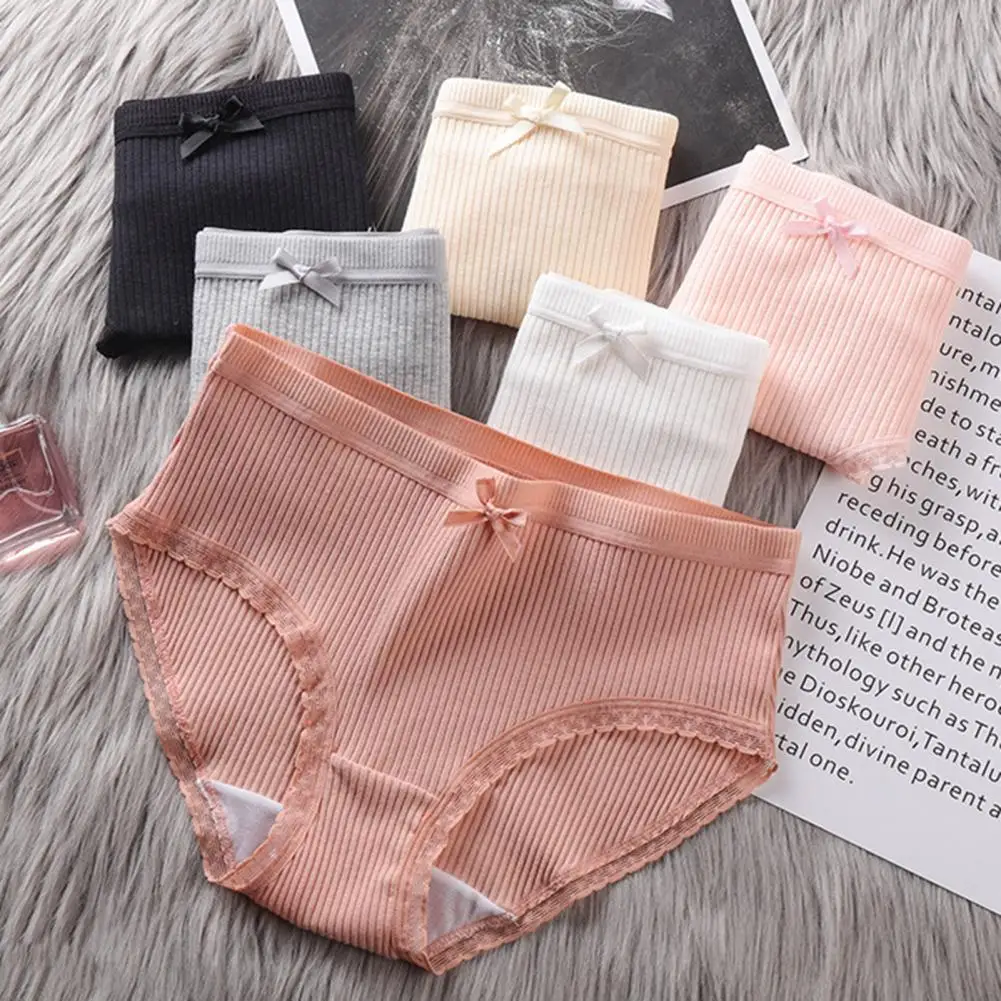 

Lady Briefs Soft Elastic Women's Briefs with Bow Decor Mid Waist Quick Dry Anti-septic Anti-shrink Underwear Non-deforming
