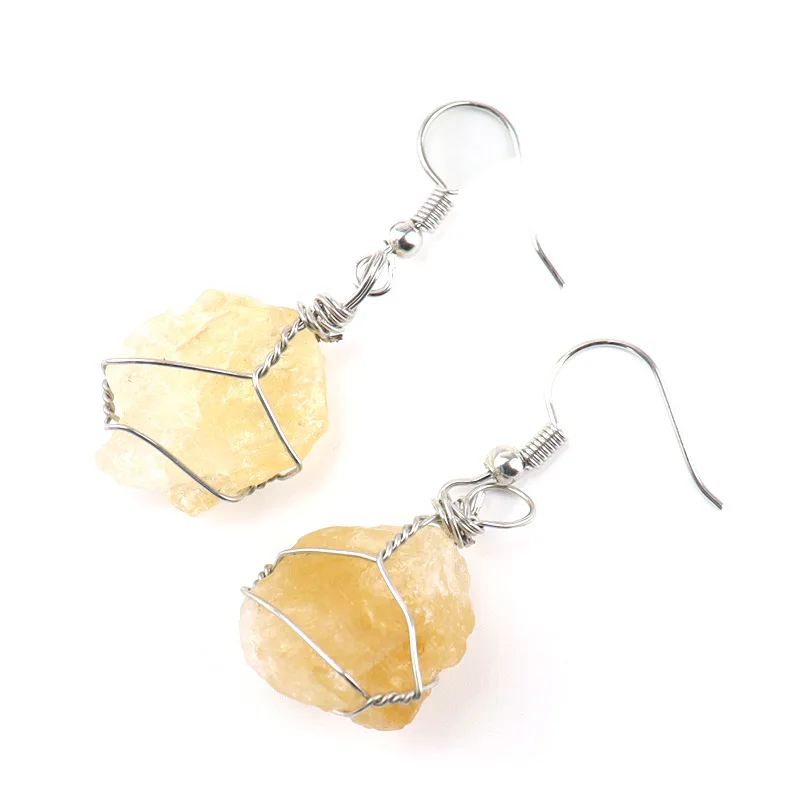 Wire Wrapped Natural Crystal Rough Stone Irregular Raw Ore Dangle earrings Energy Healing Gemstone Amethyst Earring Women Jewely