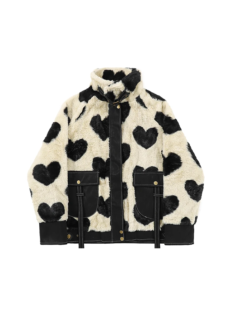 

Fashion Lambs Wool Coat Turtleneck Coats Vintage Long Sleeve Chic Fleece Outerwear High Street Jacket Heart Print Autumn Winter