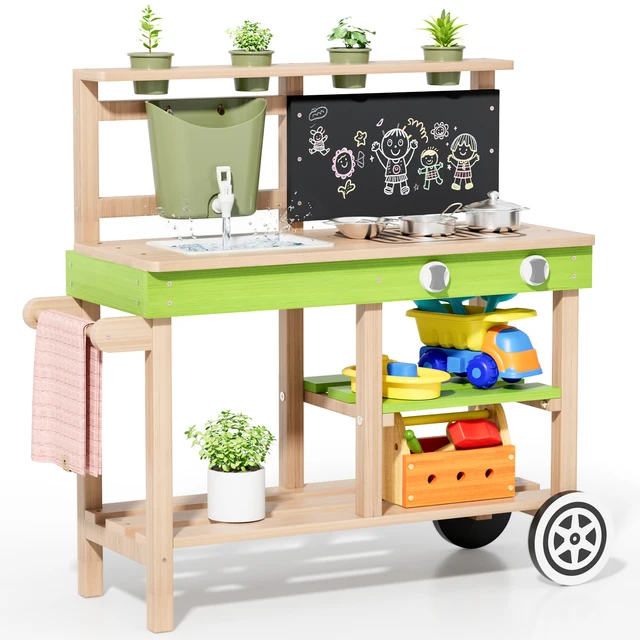 Cuisine en bois d'extérieur, cuisine pour enfants, cuisine de jeu, avec roues, robinet, jardinières, tableau noir, étagères, accessoires de cuisine 1
