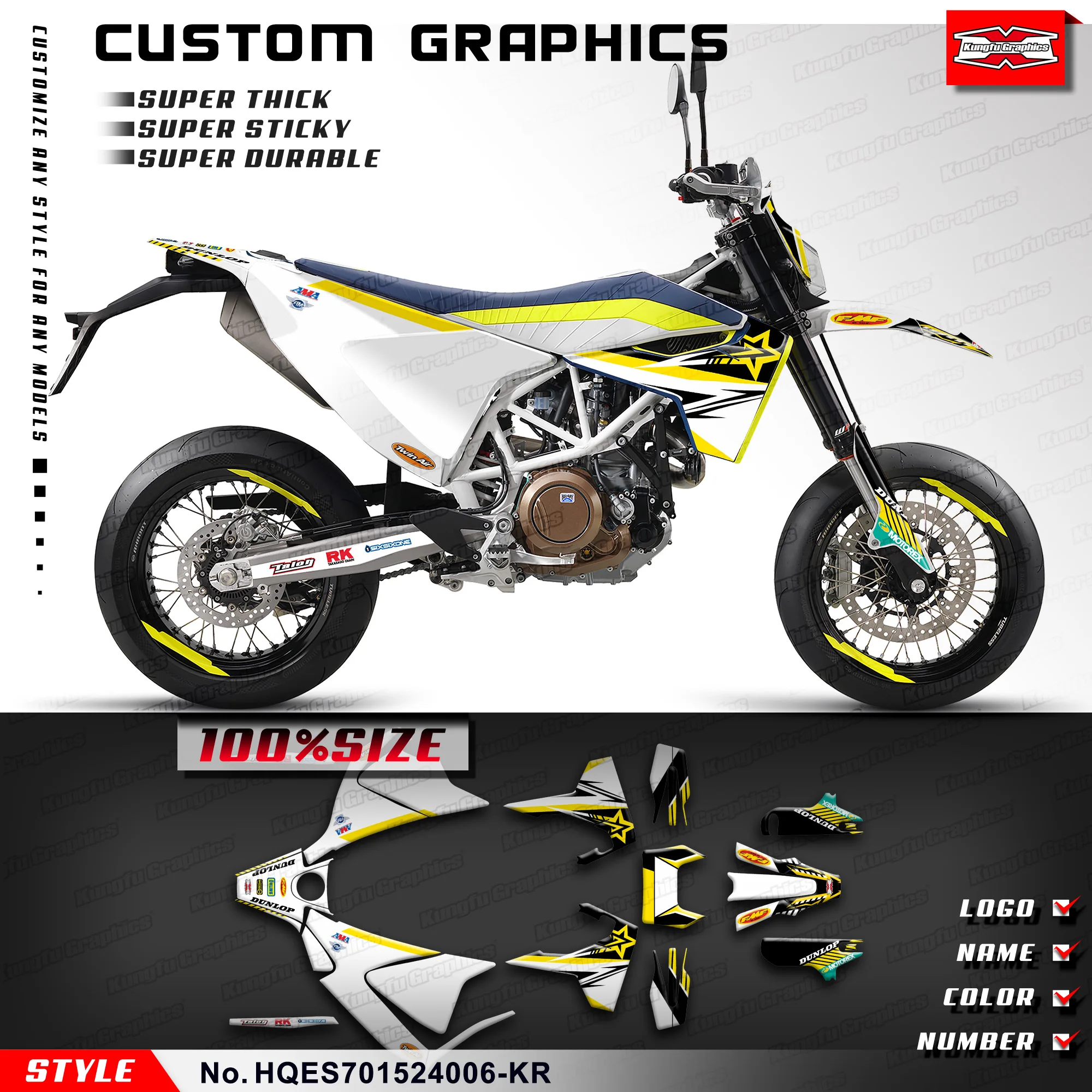 

KUNGFU графические Наклейки на заказ, комплект виниловой пленки для Husqvarna Enduro Supermoto 701 2015-2024, HQES701524006-KR