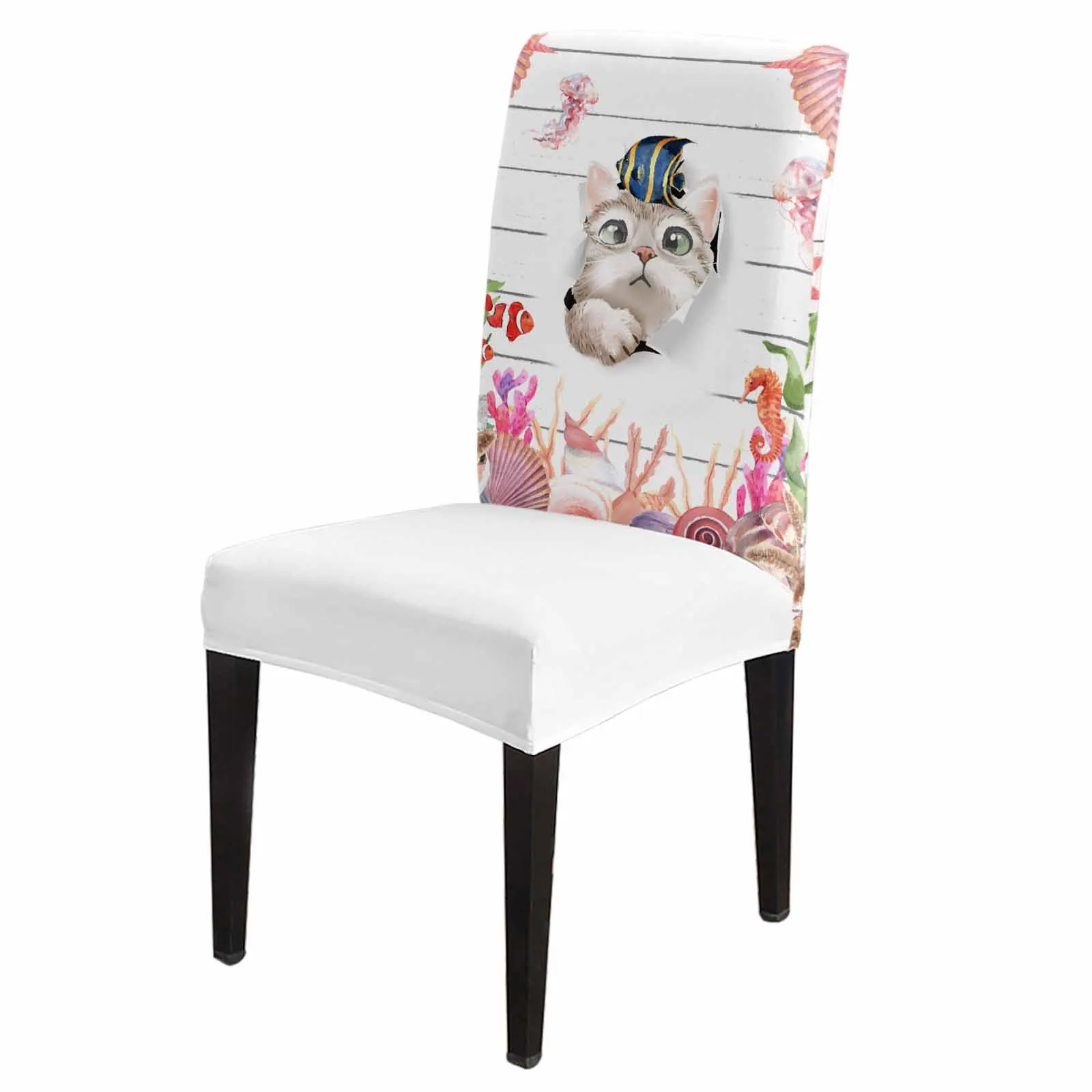 

Cat Ocean Jellyfish Coral Starfish Chair Cover Spandex Elastic Dining Chair Slipcover Wedding Banquet Hotel Stretchy Seat Cover