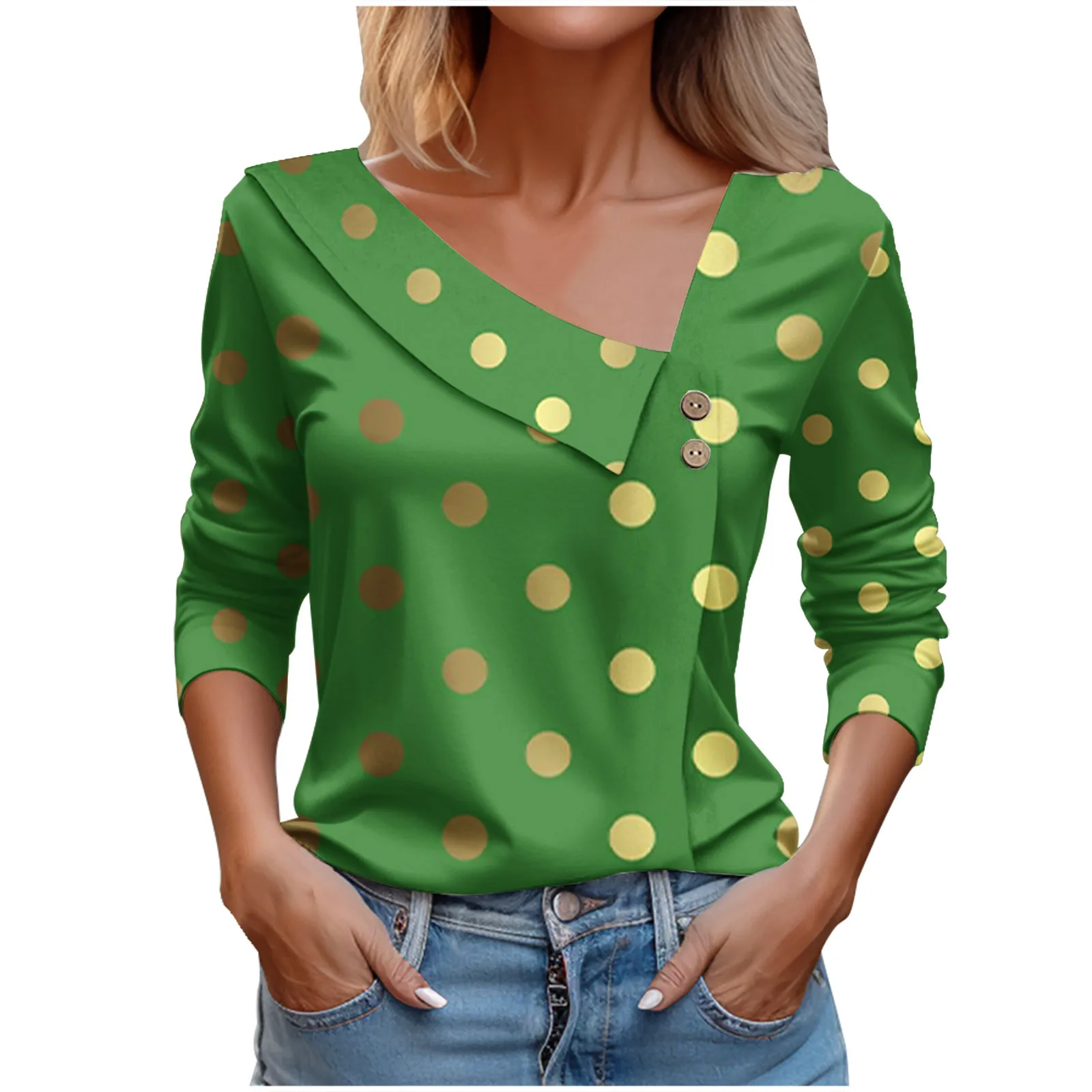 

Женская футболка в горошек, Повседневная офисная футболка с длинным рукавом и пуговицами, Y2k, весна 2024