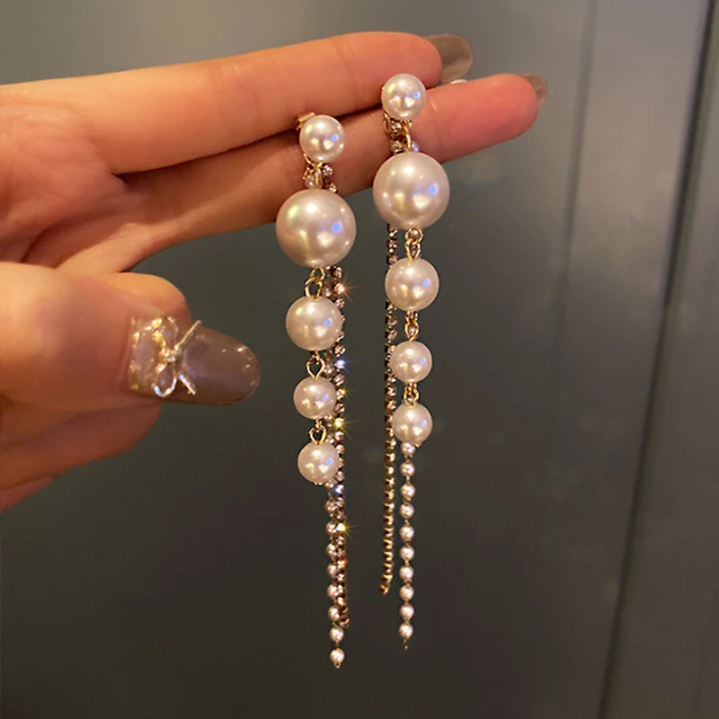 Long Dangle Earrings for Women Fashion Full Crystal Simulated Pearl Tassel Drop Earring Vintage Gold Color Brincos Jewelry dangle earrings,drop earrings,long earrings,crystal tassel earrings,crystal earrings