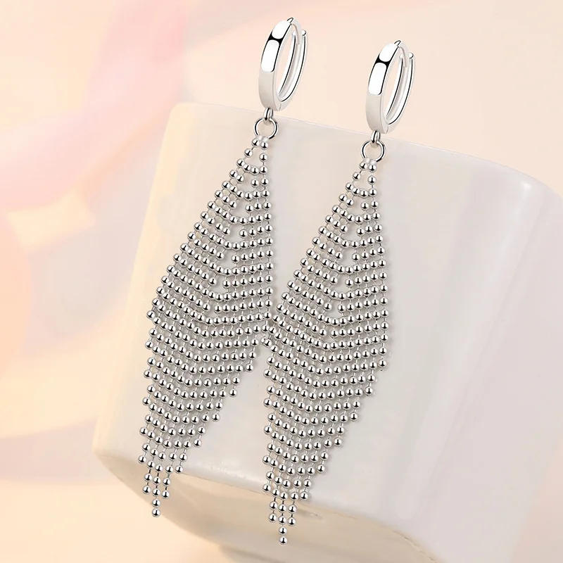 S51334e4020734ea7b73a54b3cbba7753A New 925 Sterling Silver Long Earrings Tassel Beads Long Earrings For Women's Wedding Fashion Jewelry Gifts Mallzona