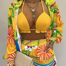  2022 Summer Women's Three-Piece Suit Fashion Holiday Style Solid Color Printing Casual Sexy 3-Piece Sets Beach Outfits Female 