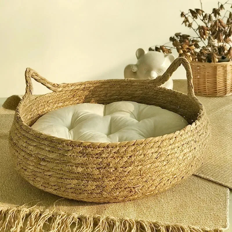 Natural Woven Cat Bed with Washable Seasonal Pad 5