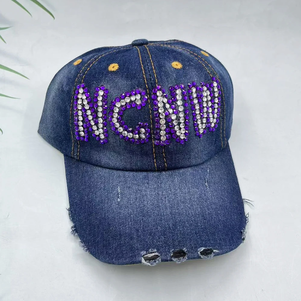 수제 고급 그리스 알파벳 프라타니티 자매들 보라색 흰색 반짝이는 라인스톤 NCNW 카우보이 야구 모자 조절 가능