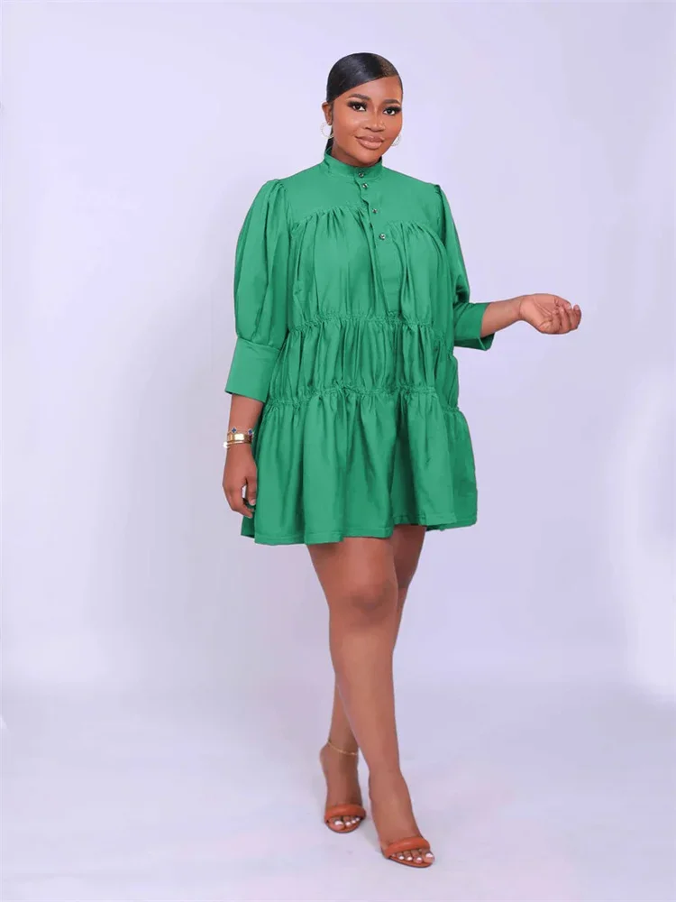 Wmstar Elegant Women Summer Solid Color Short Dress Fashion Long Sleeve High Neck High Waist Clothes Party Casual Mini Dresses