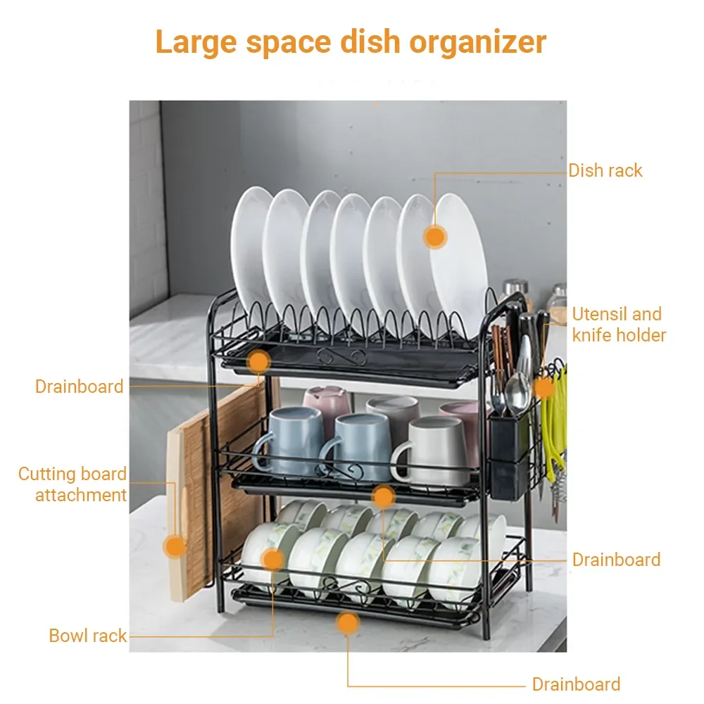 3-Tier Dish Plate Cup Drying Rack Organizer Drainer Alloy Storage Holder  Kitchen