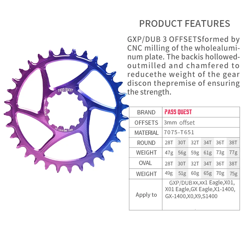 

PASS QUEST Colorful 3mm Offset Crankset SRAM Gx Xx1 Eagle GXP Round/Oval MTB Narrow Chainring 32T-38T Bicycle Crown Accessories