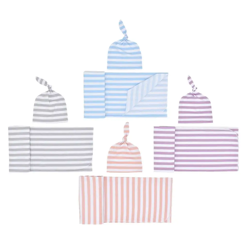 Newborn Infant Baby Striped Swaddle Wrap Sleeping Bag with Hat Set