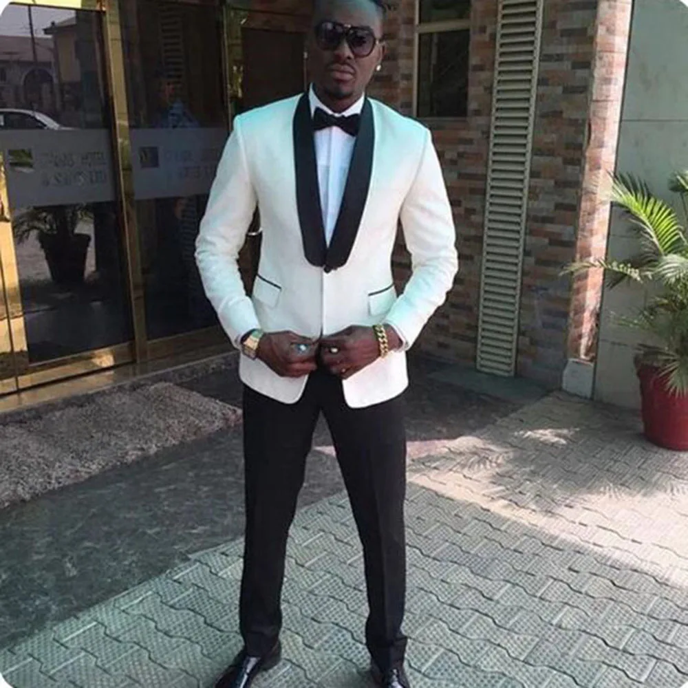 White Wedding Tuxedo Suits for Men African 2 Piece Slim Fit Men Suit Male Fashion Jacket with Black Pants Business Groom Wear