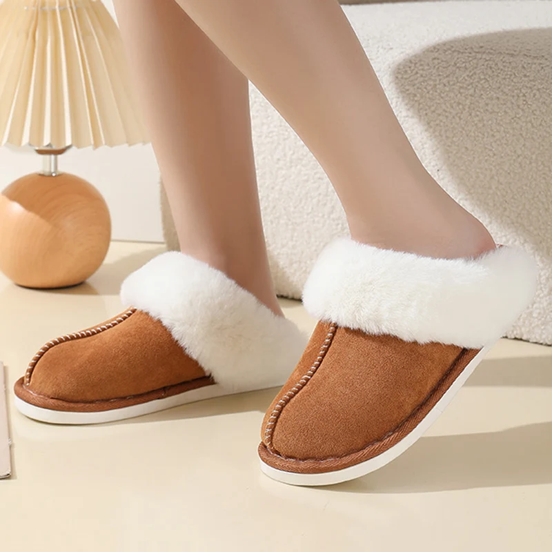 2024 Winter Women House Slippers Fashion Faux Fur Warm Shoes Woman Cozy Flat Heels Home Furry Slippers Female Couple Shoes 45