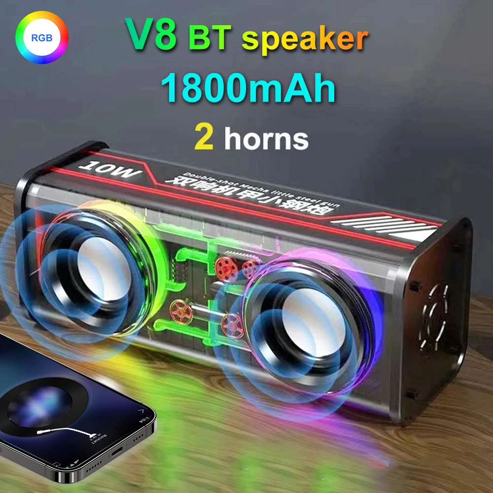 V8 Transparent Mecha Speaker Bluetooth 5.3 Wireless Bass Diaphragm Subwoofer Sound Box Music TWS Stereo Soundbar LED Loudspeaker