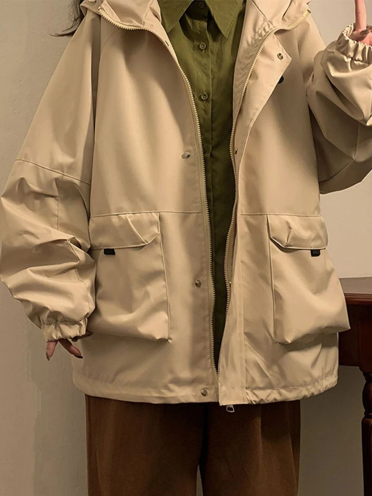 

Oversized Hooded Jacket Women Vintage Loose Windbreaker Jackets Female Korean Stylish Harajuku Casual Zipper Coat Lady 2023 New