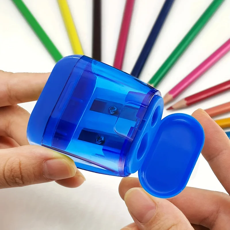 Set di 4 affilapenne a doppio foro con coperchio e contenitore per scarti, affilapenne manuale portatile per matite colorate - immagine 4