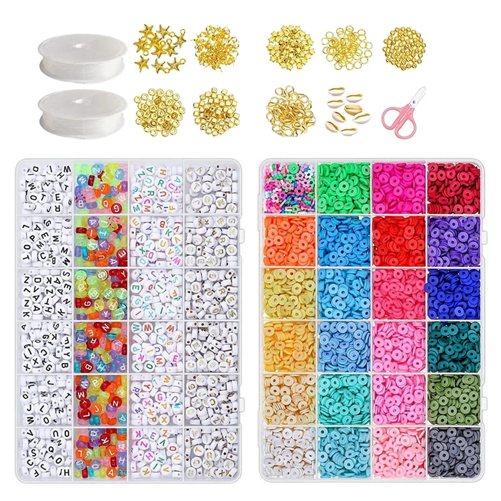 

Polymer Clay Beads Set DIY 24 Colors with Elastic Strings Weaving Tools for Gifts Bracelet