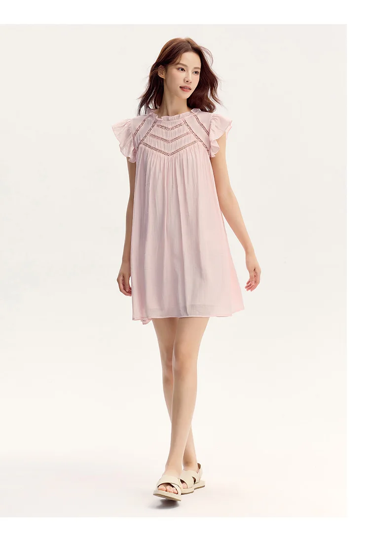 Vestido de mujer con volantes suaves, mangas cortas con vuelo, minifalda texturizada, vestido de verano nuevo con aberturas.