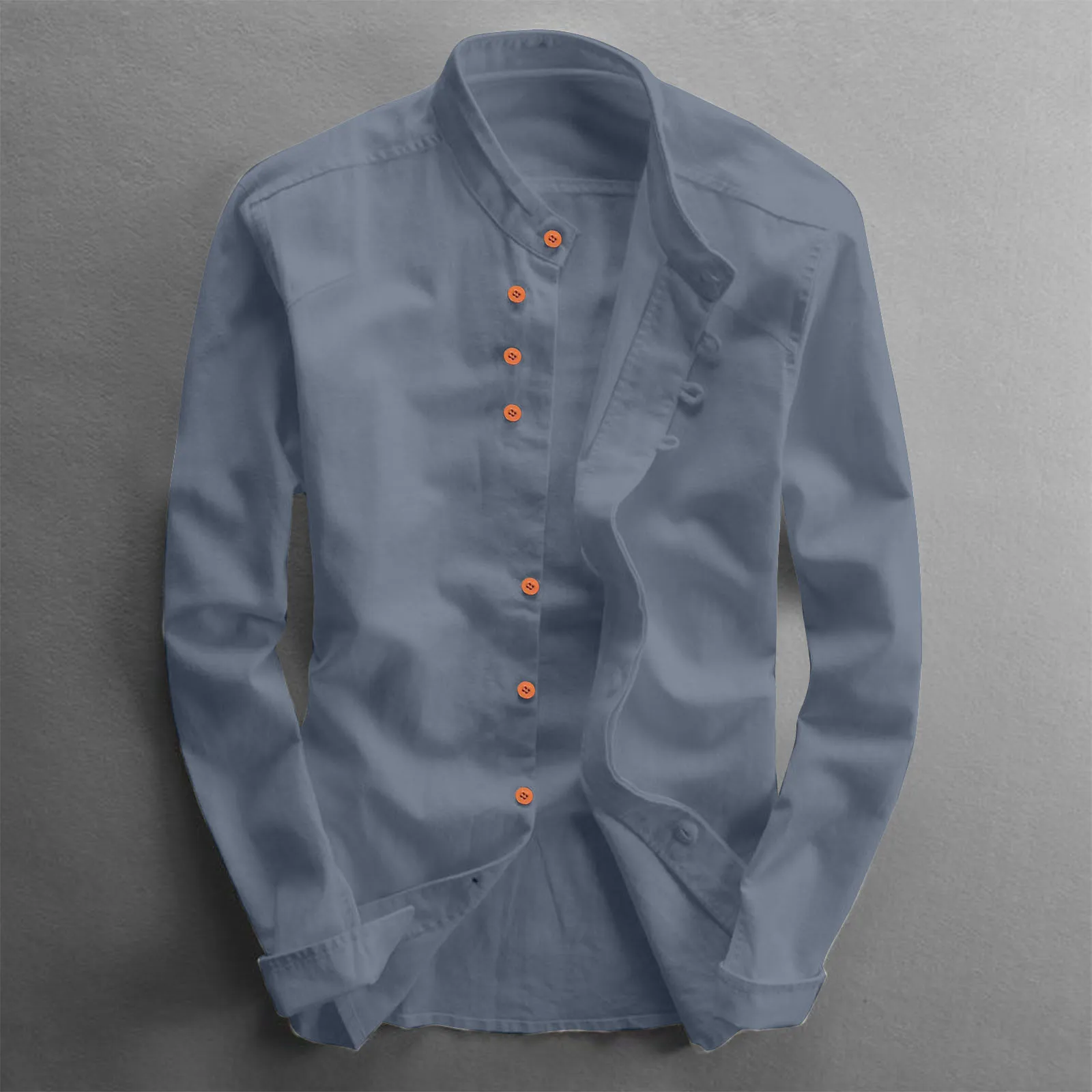

Рубашка мужская с воротником-стойкой, хлопок и лен, длинный рукав, Повседневная приталенная, деловой стиль, классическая сорочка