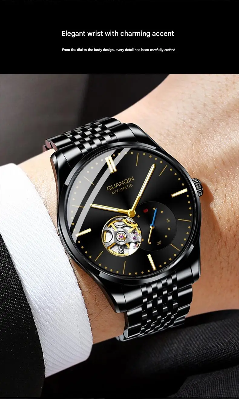 Orologio da polso da uomo GUANQIN con scheletro automatico, meccanico, a carica automatica, in acciaio inossidabile, luminoso, stile vintage, con zaffiro e impermeabile_voghion.com