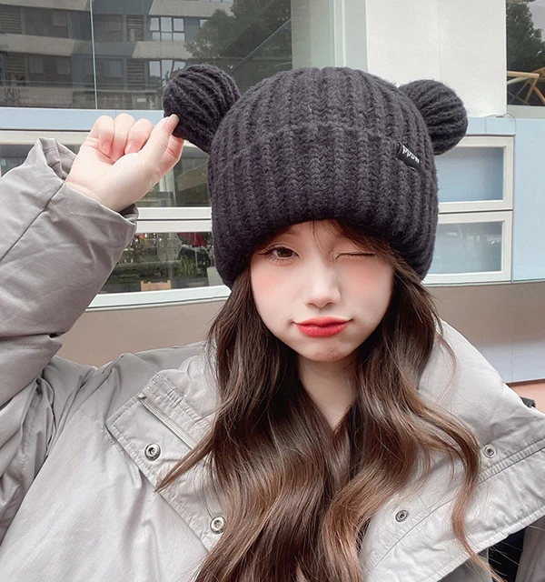 2022 Women Solid Color Knitted Cute Bear Ears Wool Hat Adult