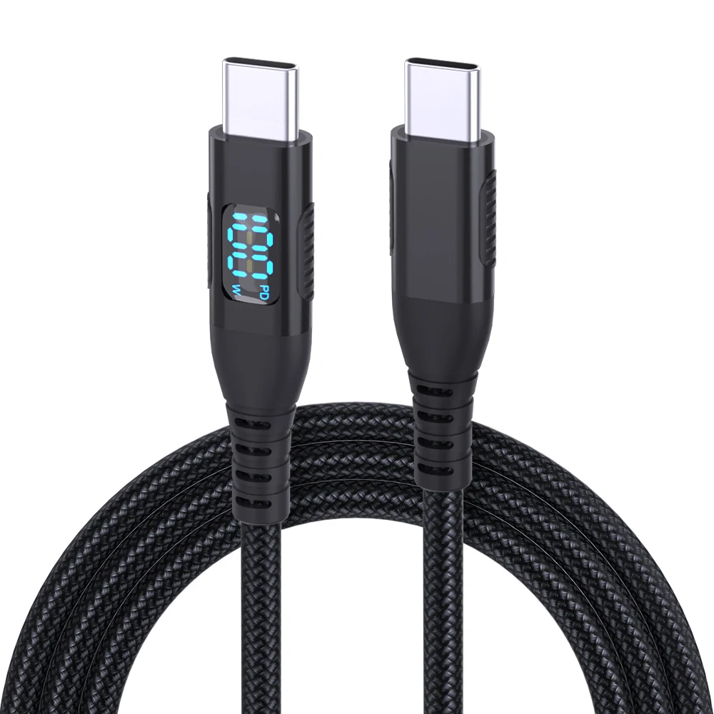 High-Power USB-C to USB-C Cable with Digital Display – Fast Charging Nylon Braided Data Cable