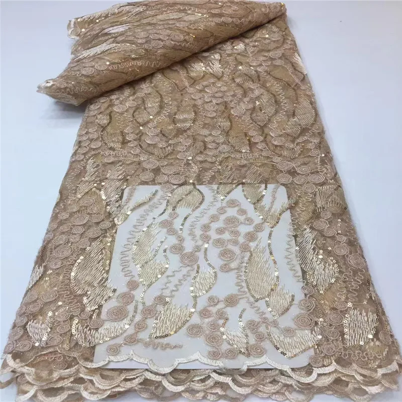 

African lace fabric 2023 latest golden Indian sari fabric high quality tulle sequined lace fabric for wedding dress