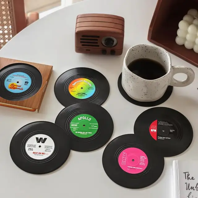 New 6/4/2PCS Retro Vinyl Record Cup Coaster Anti-slip Coffee Coasters Heat Resistant Music Drink Mug Mat Table Placemat Decor 3