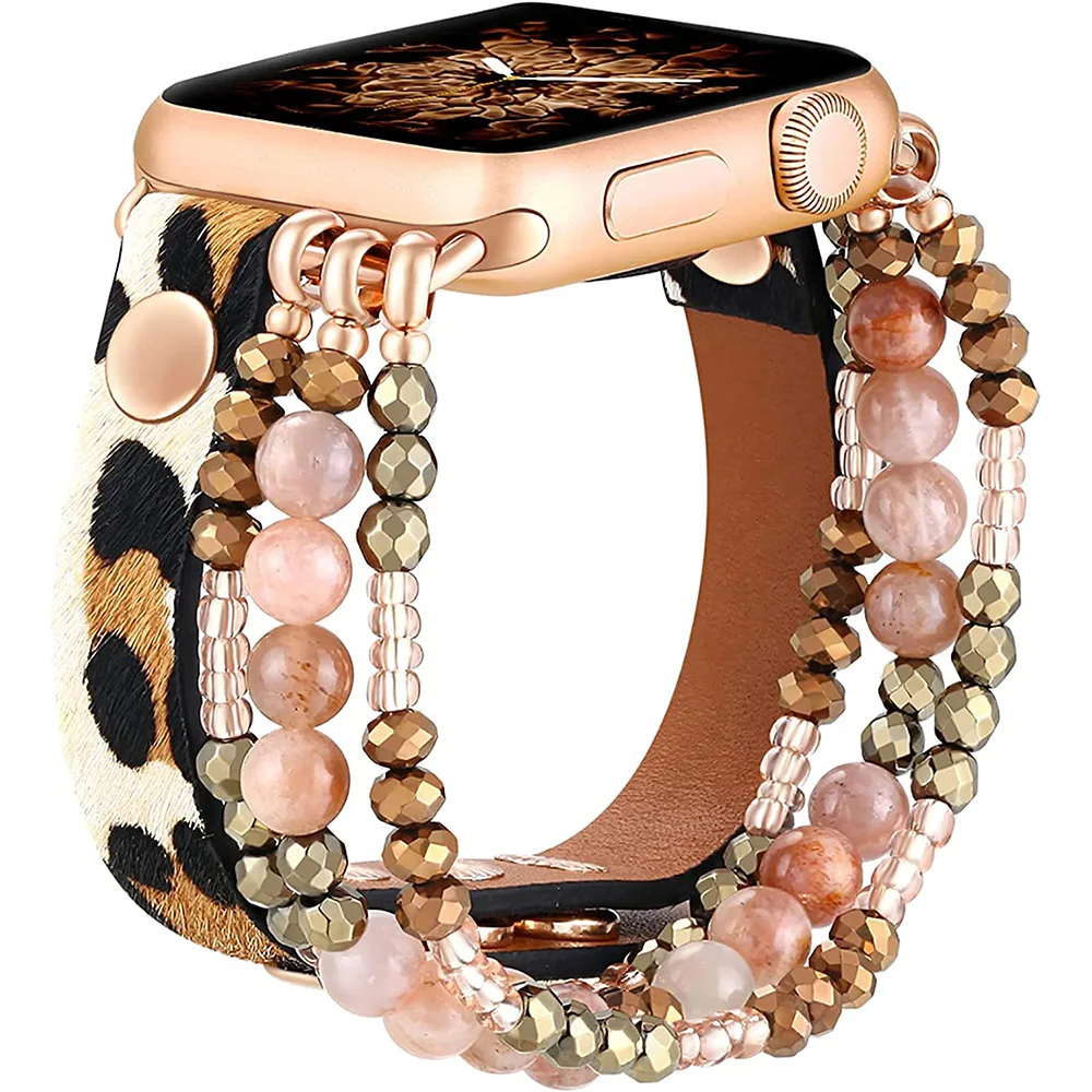 

Bead+Leather Bracelet for Apple Watch Ultra Band 49mm 45mm 41mm 44mm 40mm 42mm 38mm Strap For iWatch Series 8 7 6 SE 5 4 3 2 1