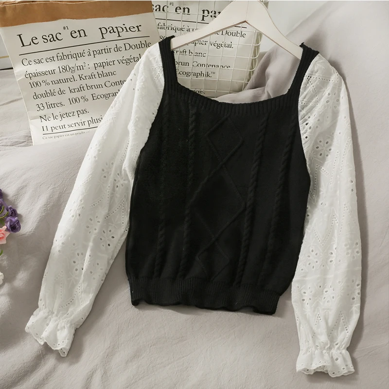 

Hollow Out Patchwork Sweater Blouse Women 2021 Spring Cotton Elegant Vintage Shirt Ladies Office Sexy Long Sleeve Versatile Top