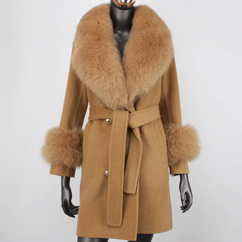 

2023 New Winter Jacket Women Natural Fox Fur Collar Cuffs Real Fur Coat Cashmere Blends Wool Warm Double Breasted Outerwear