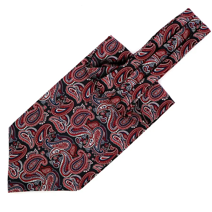 

100% Silk Mens Cravat Ascot Tie Vintage Black Red Paisley Striped Wedding Formal Scrunch Self British Gentleman Necktie LJE02