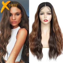 X-TRESS Natural Wave Synthetic Lace Front Wigs Medium Length Free Part Lace Wig For Women Ombre Brown Soft Fluffy Daily Hair Wig