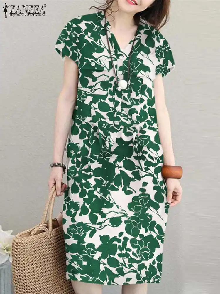 ZANZEA Women's Dresses Vintage Holiday Floral Short Sleeve O-Neck Casual Cotton Linen Loose Midi Dress #7 | Singapore - Foto 14