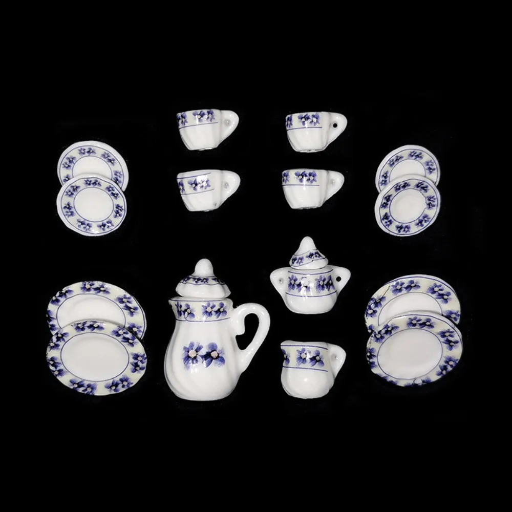 Ceramic Dollhouse Miniature Tea Set Kettle Tray Doll House Cup Model Set Tableware Flower Miniature Porcelain Tea Cup Set