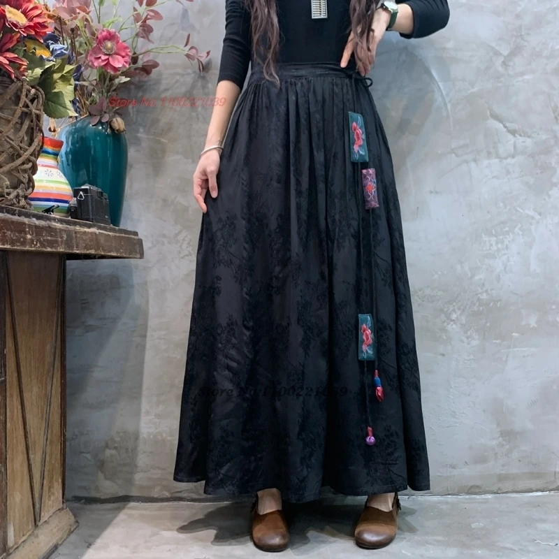 national flower embroidery satin jacquard double layers skirt vintage folk skirt traditional elastic waist a-line