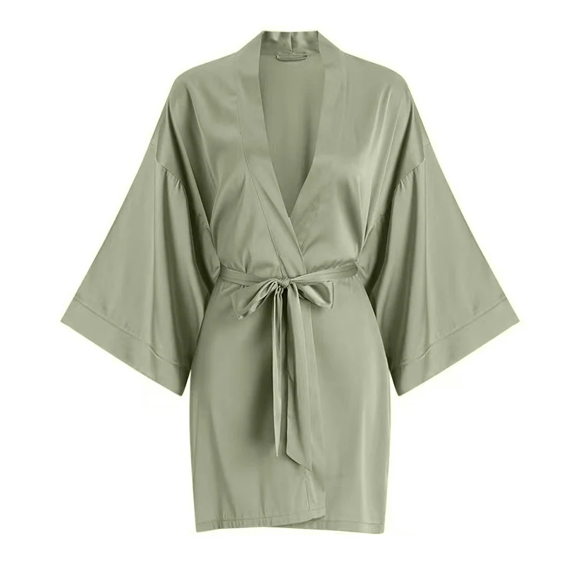 Navy Blue Floral Silk Satin Kimono-Style Nightgown