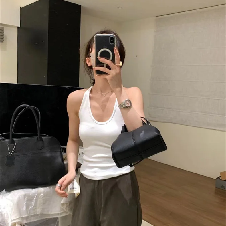 Retro U-Ne Hanging Strap Vest Women's Inner Wear Slim Fit Summer 2024 Simple Sle Versatile ort Nylon Spandex Tank Top