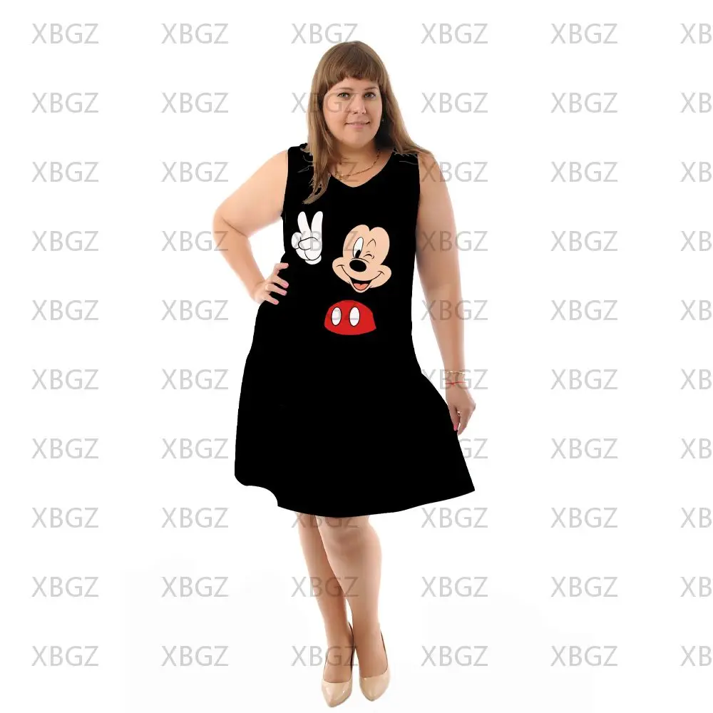 Sexy Plus Size Dresses for Women 4xl 5xl 6xl Mickey Disney Sleeveless Summer Woman 2022 Beach Dress Elegant Chubby Fashion Chic